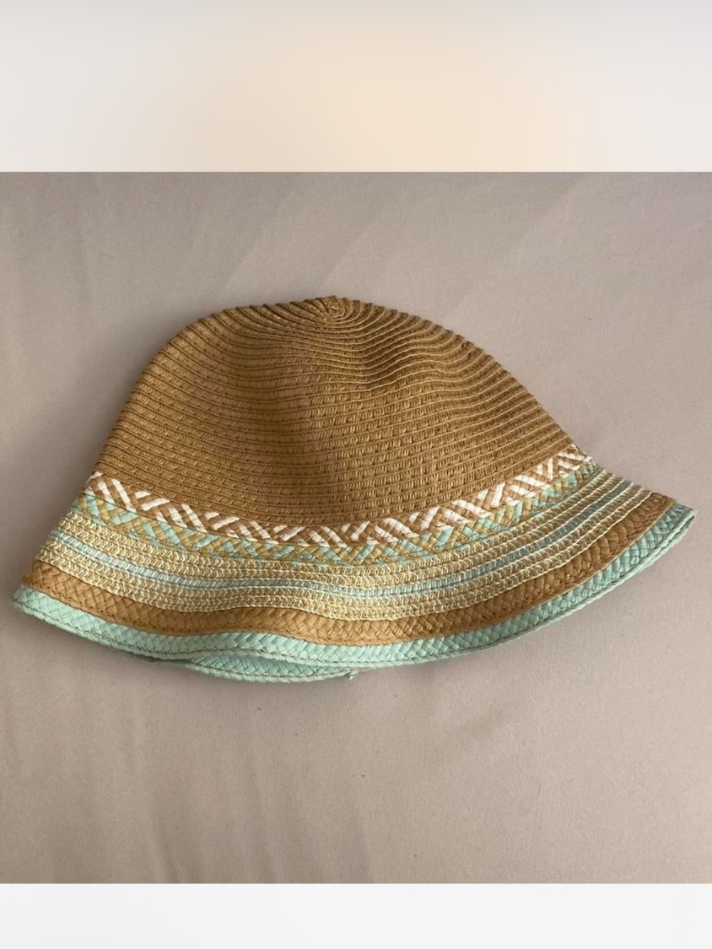 Old Navy Girls Tan Straw Bucket Hat with Mint Trim